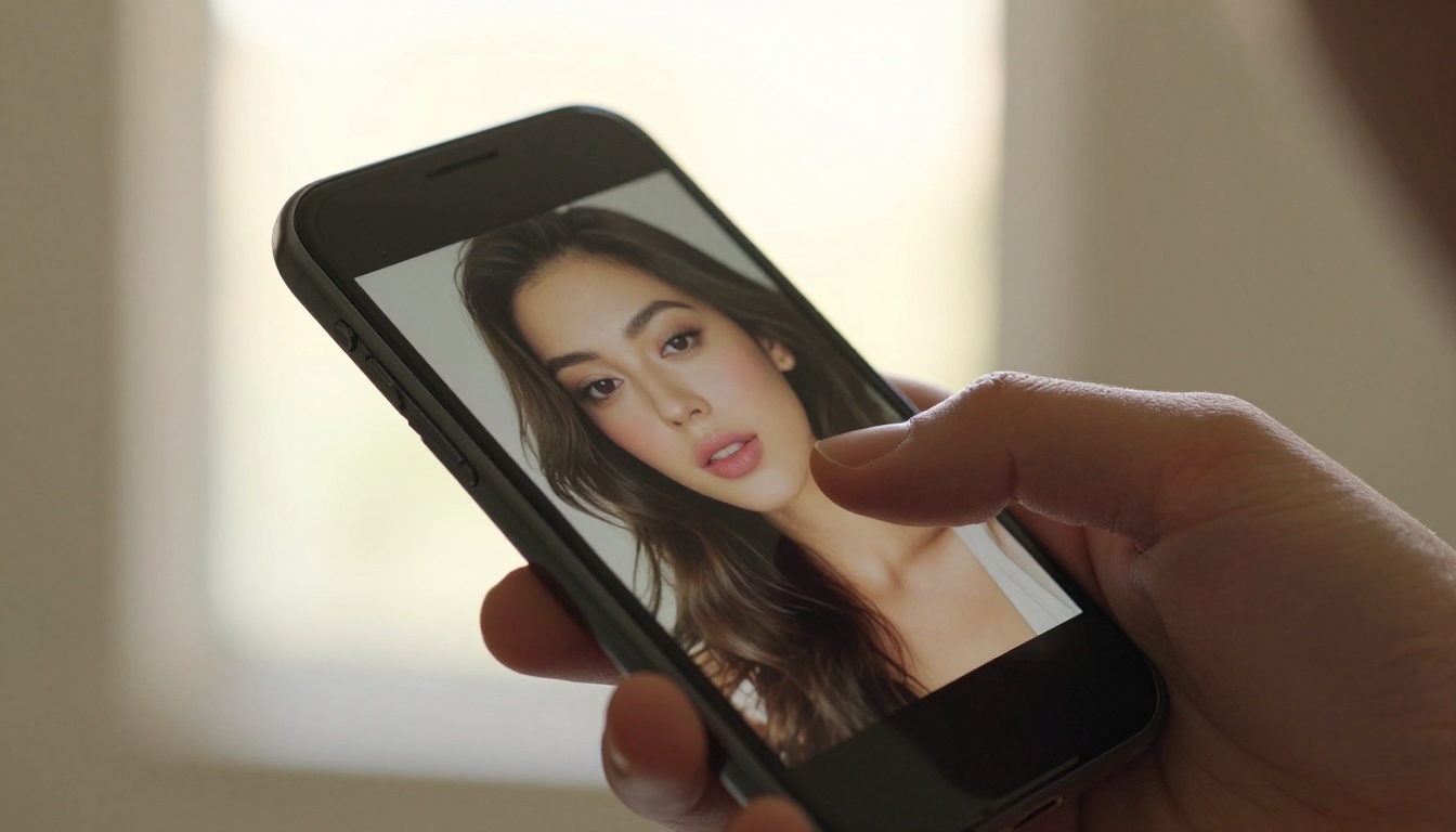 Close-up of hand holding phone showing an AI-generated portrait on screen Close-up of hand holding phone showing an AI-generated portrait on screen