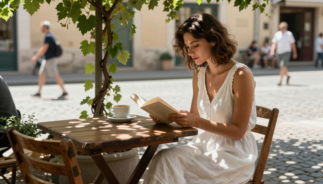 Candid lifestyle shot of woman in white linen summer dress at rustic European cafe terrace reading with coffee cup, dappled morning light through grapevine trellis