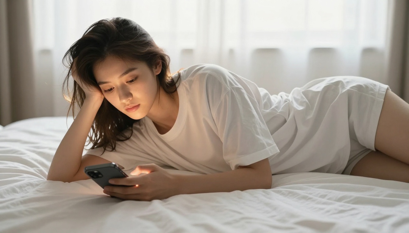 Woman lying on bed using her phone to generate AI images Woman lying on bed using her phone to generate AI images