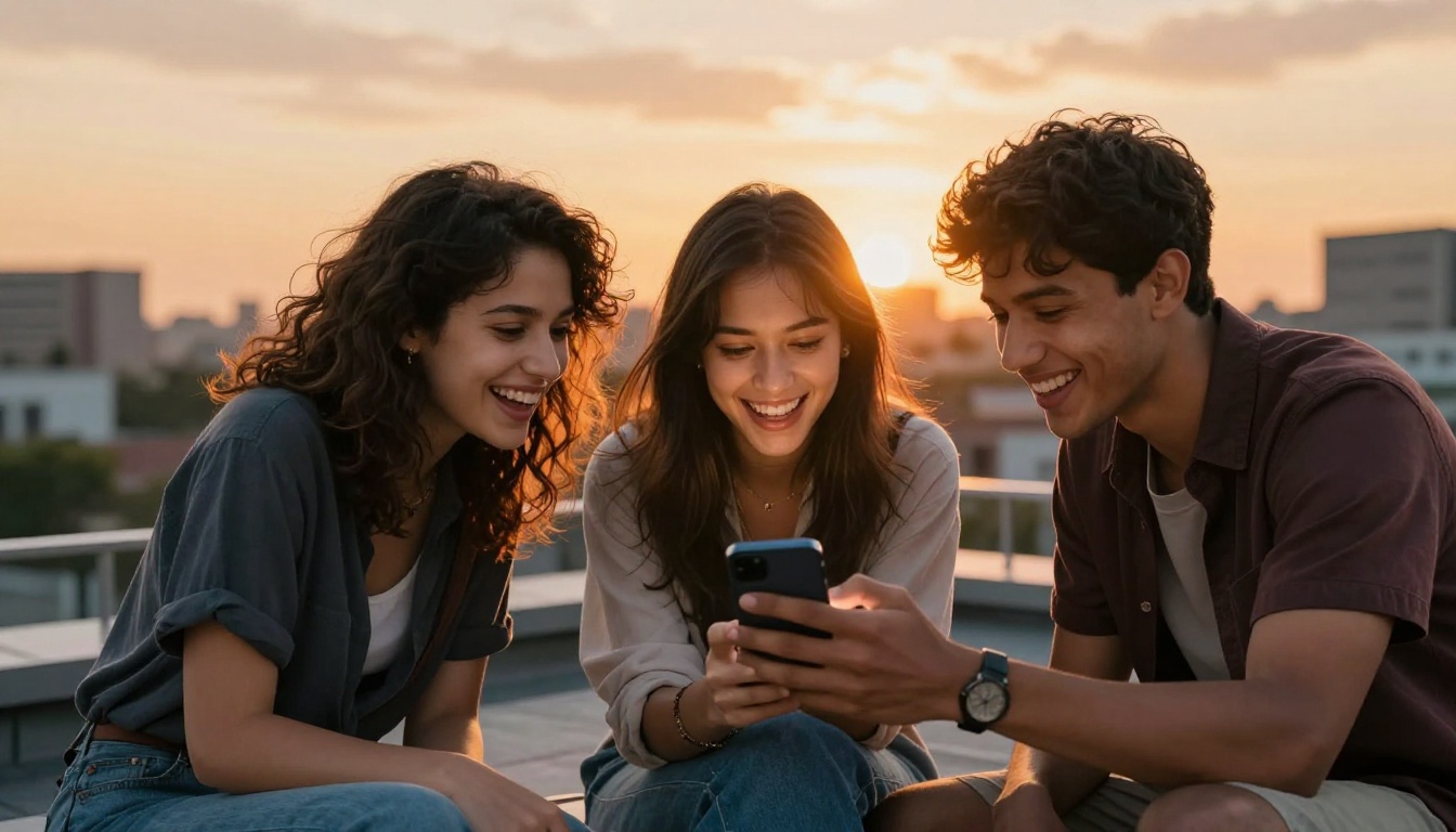 Group of friends sharing and laughing at AI-generated images at sunset