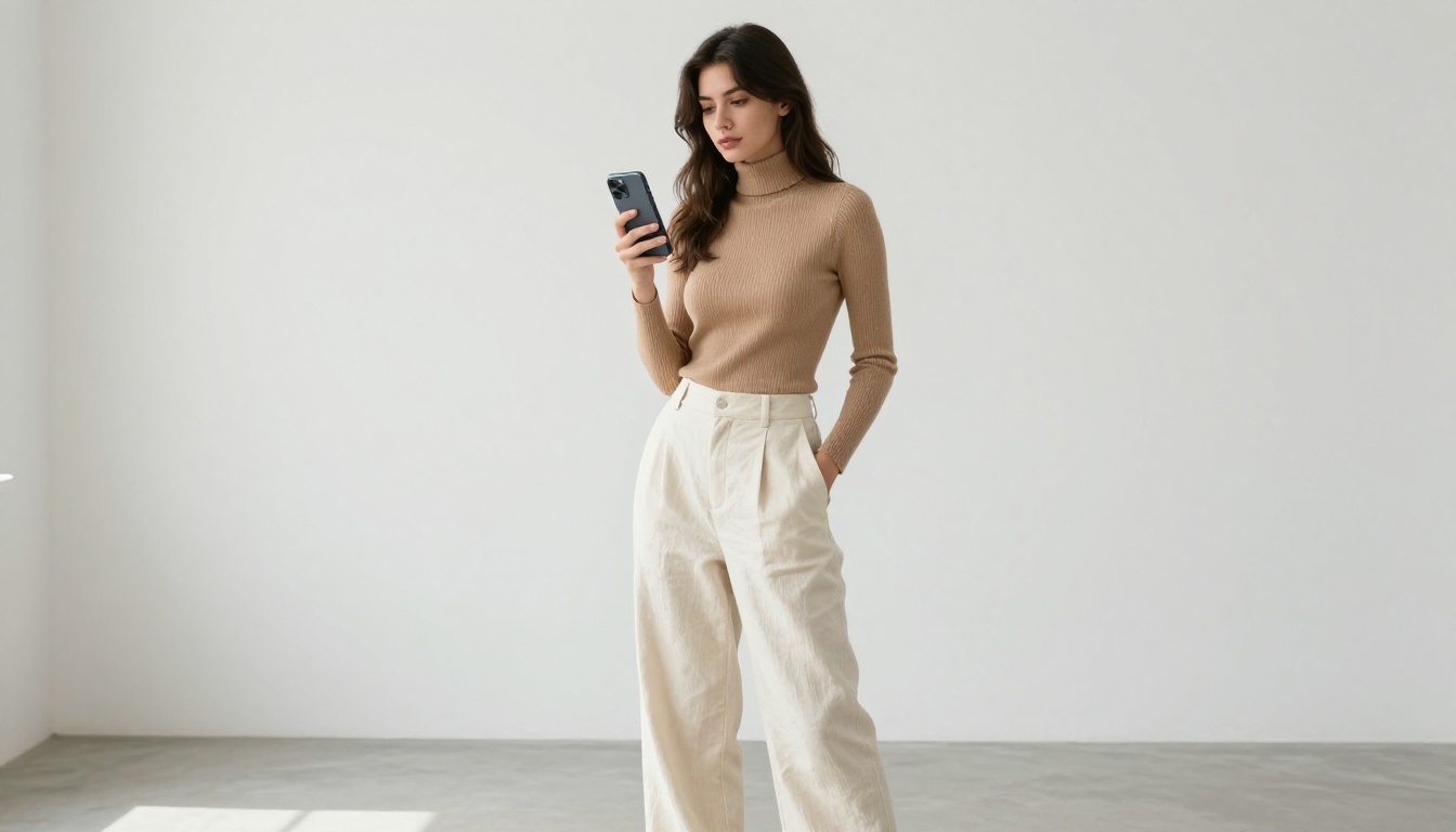 Stylish woman standing in a minimal space holding a phone with AI-generated portrait