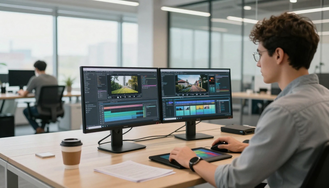 Video editor working at dual monitors in coworking space