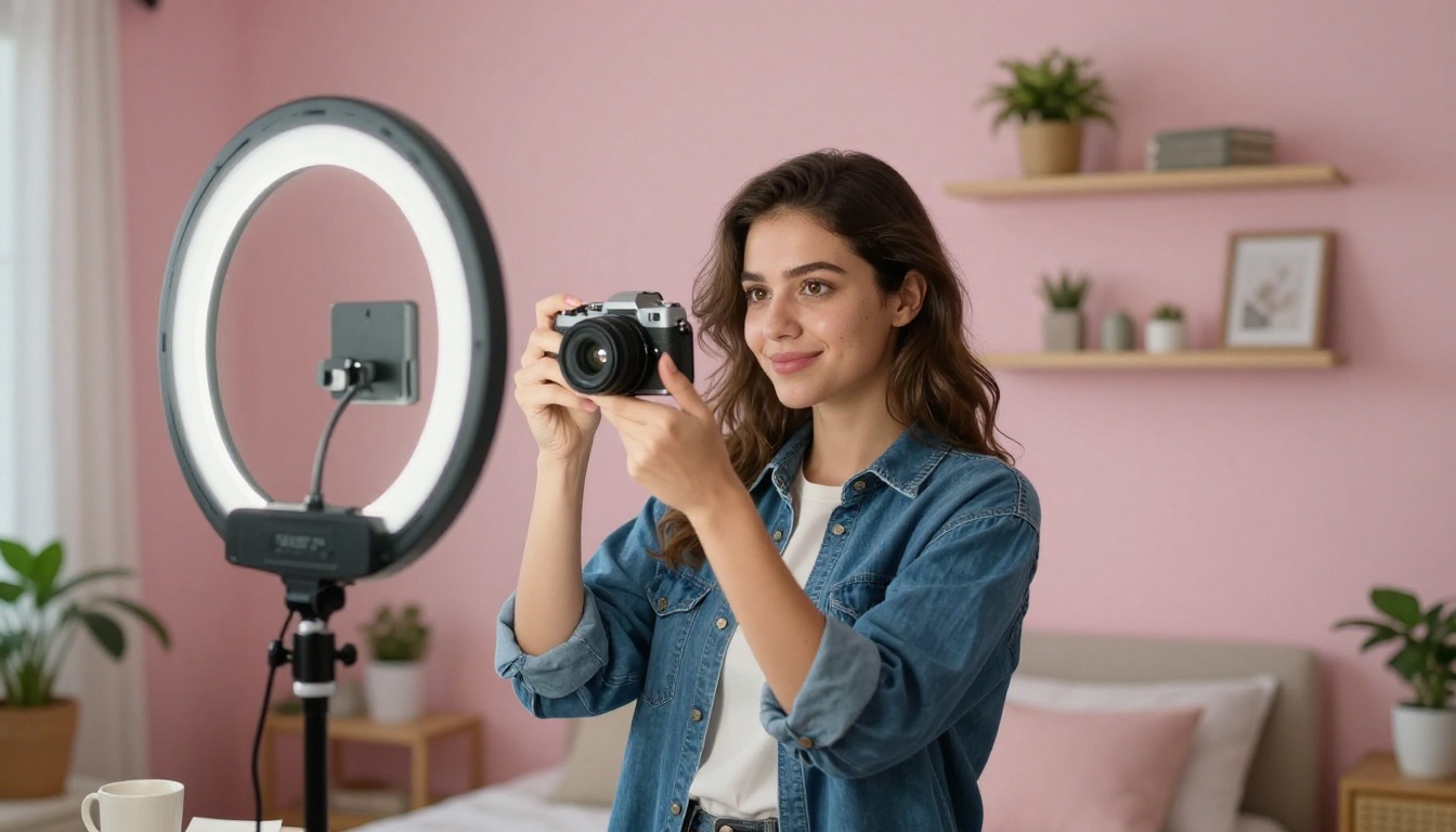 Woman vlogger with ring light in bedroom studio