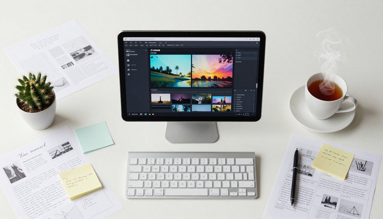 Creative workspace flatlay with tablet and storyboard
