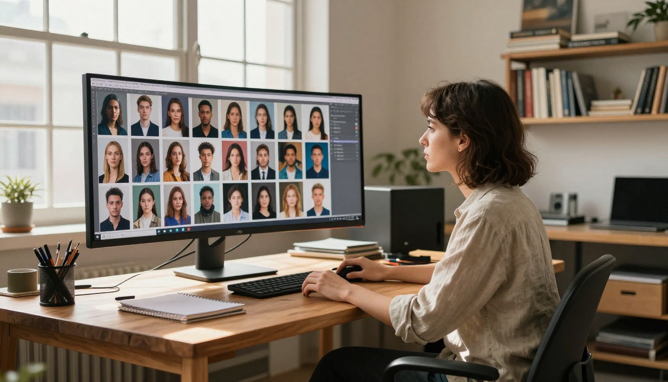 Creator reviewing AI-generated portrait images on studio monitor Creator reviewing AI-generated portrait images on studio monitor