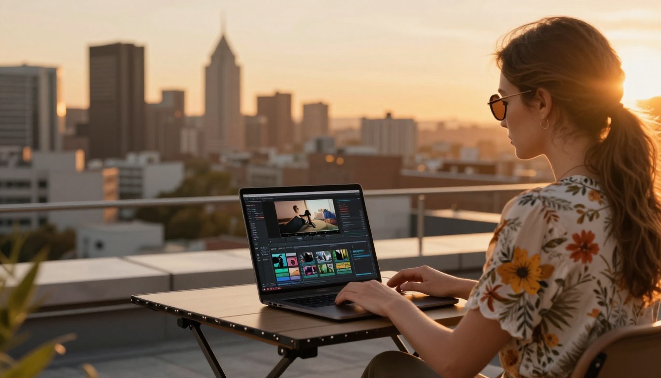 Woman creator editing video on rooftop at golden hour Woman creator editing video on rooftop at golden hour