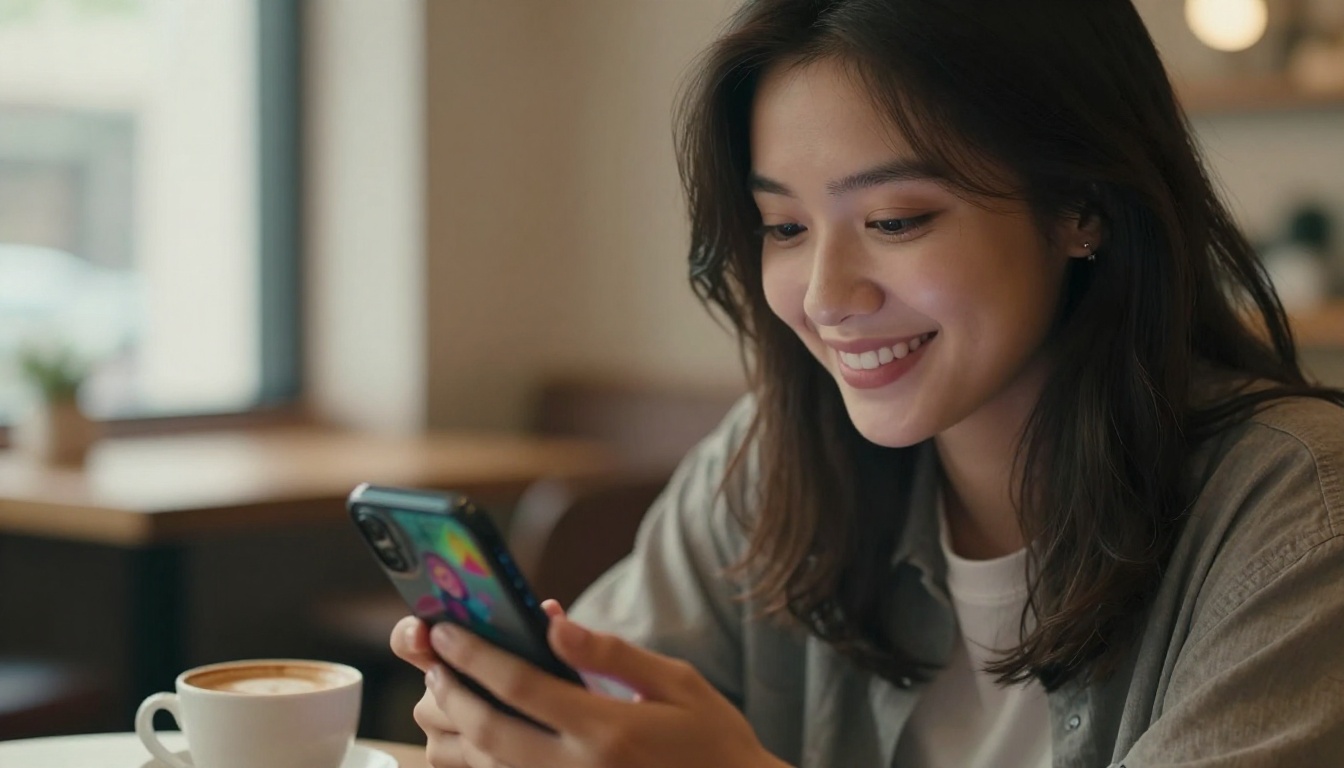 Smiling woman content creator watching AI video on phone at cafe Smiling woman content creator watching AI video on phone at cafe