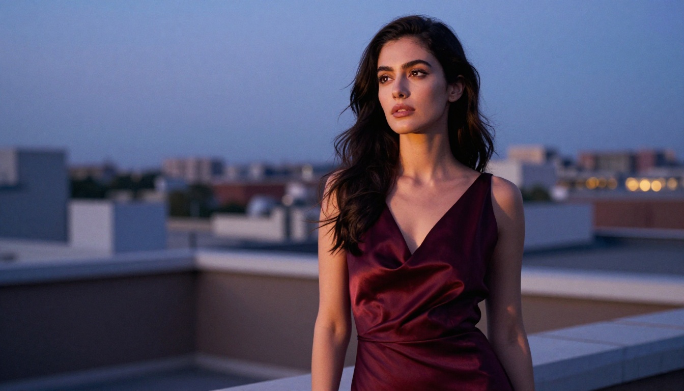 Rooftop fashion portrait at blue hour twilight, city skyline Rooftop fashion portrait at blue hour twilight, city skyline