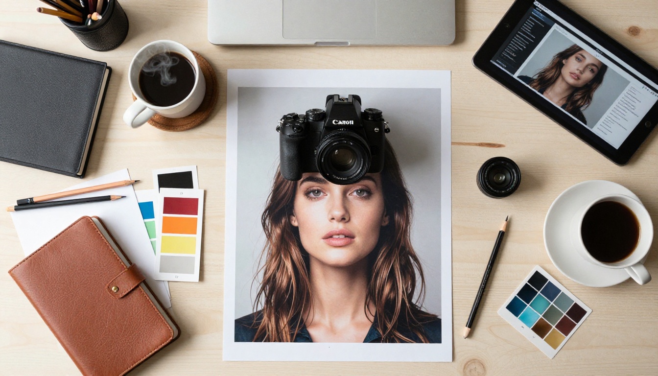 Creative professional workspace flat lay with AI-generated portrait print Creative professional workspace flat lay with AI-generated portrait print