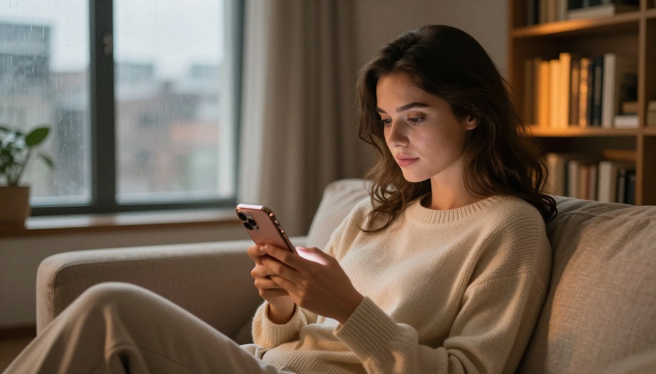 Woman on sofa holding smartphone, warm amber light
