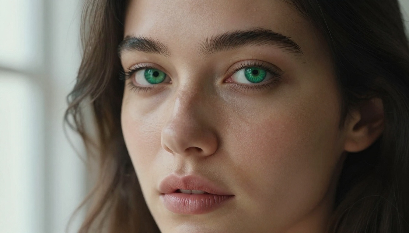 Close-up portrait of woman with emerald green eyes, freckles, soft diffused window light
