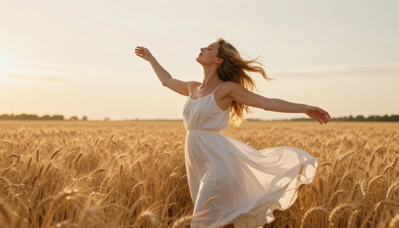 Woman in white sundress standing in golden wheat field, arms outstretched, warm light Woman in white sundress standing in golden wheat field, arms outstretched, warm light