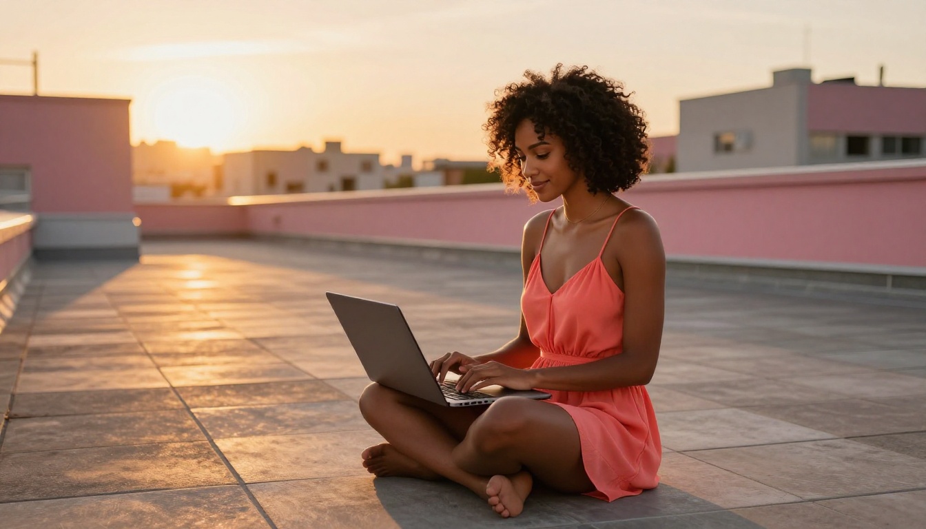 Woman on rooftop terrace at sunset, coral sundress, city amber glow Woman on rooftop terrace at sunset, coral sundress, city amber glow