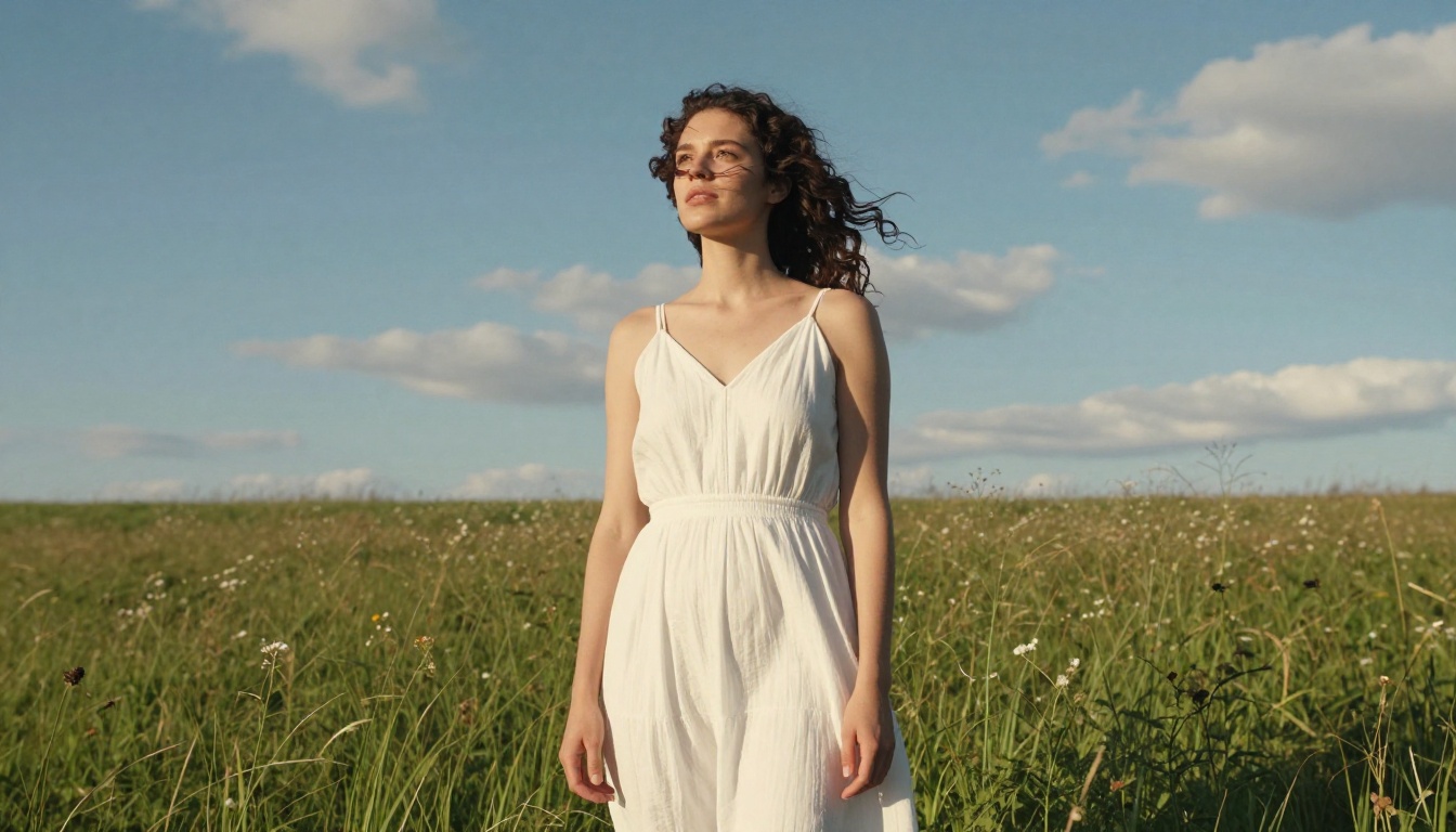 A radiant woman standing in a breezy summer meadow, dress and hair moving naturally
