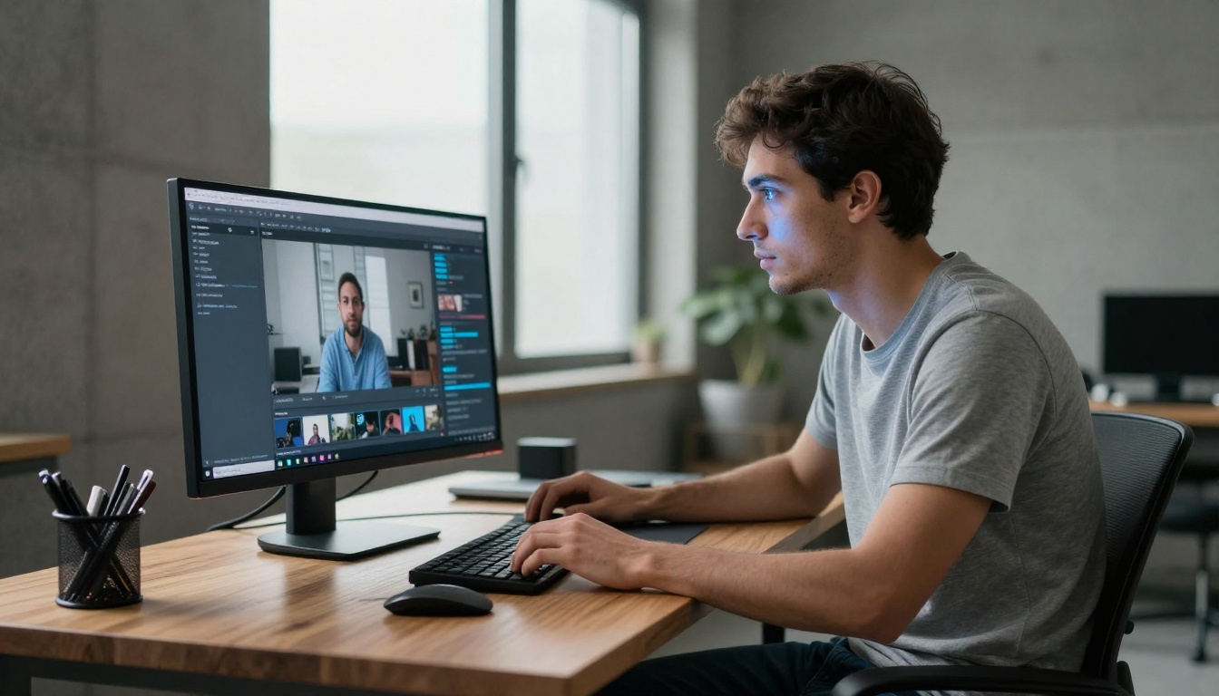 Man at a home office desk leaning toward an ultrawide monitor showing an AI video interface