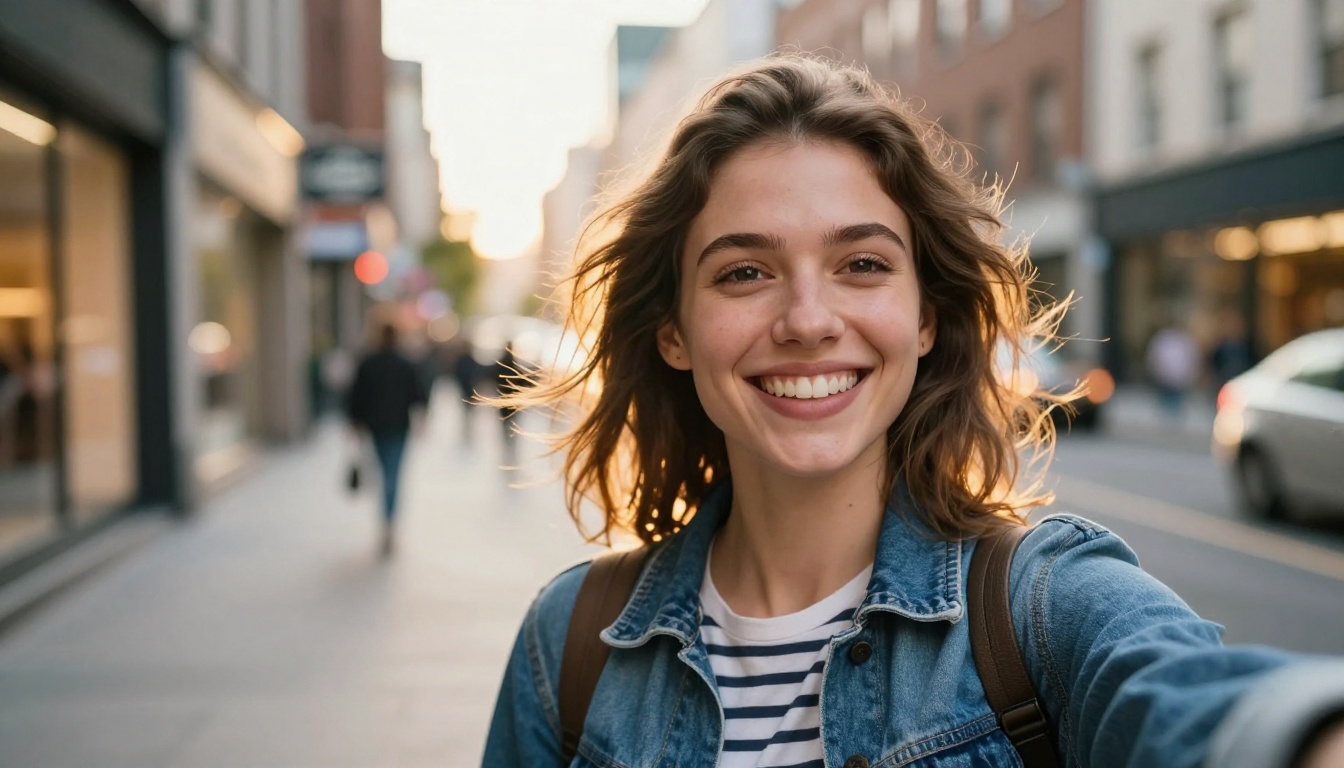 Young woman taking a selfie in a bright city street at golden hour, genuine smile