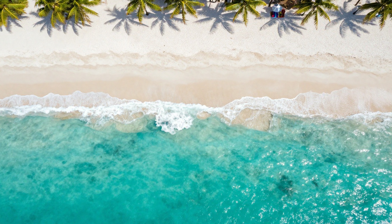 Aerial top-down drone view of a pristine tropical beach with turquoise water and white sand