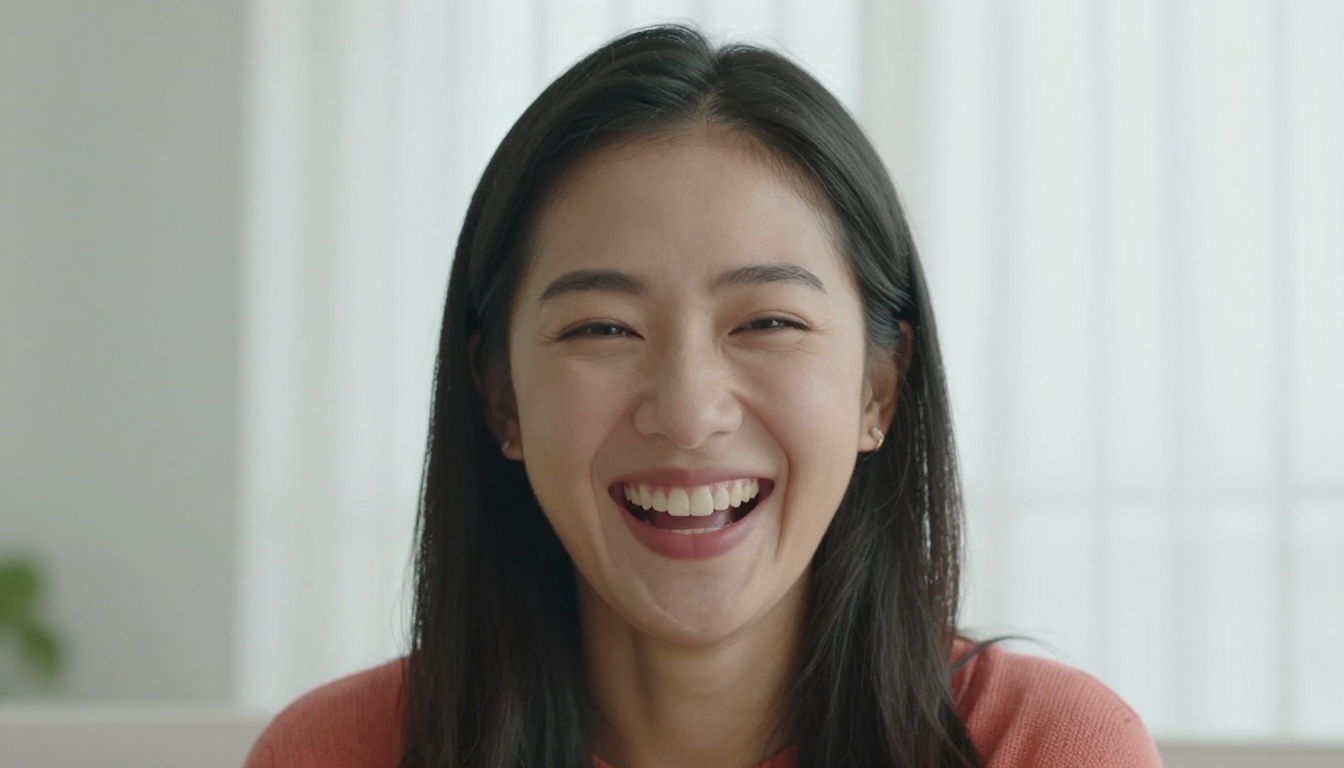 Young woman with East Asian features laughing freely, natural portrait in bright indoor light