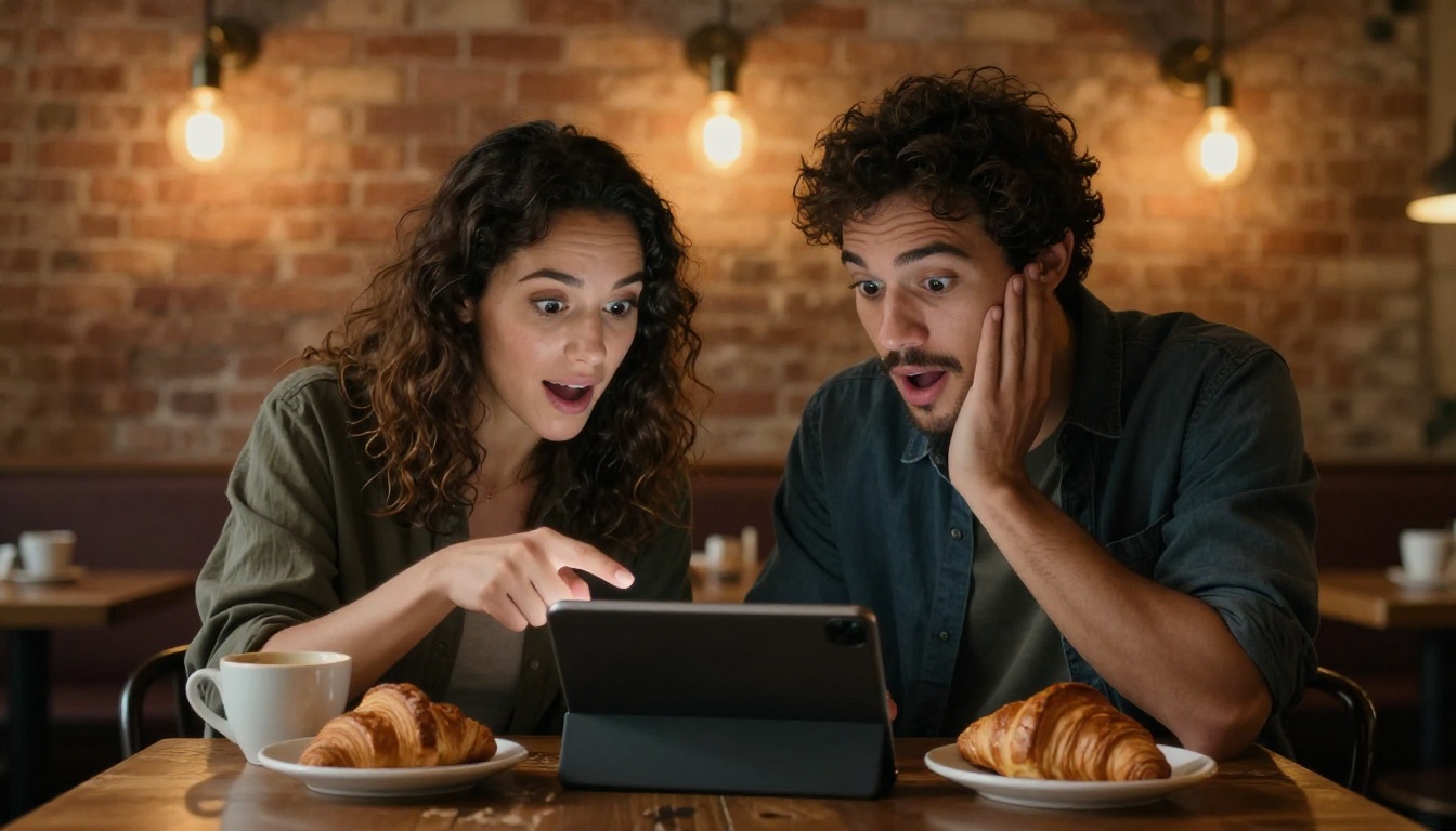A man and woman at a café table reacting with delight to an AI video playing on a tablet between them