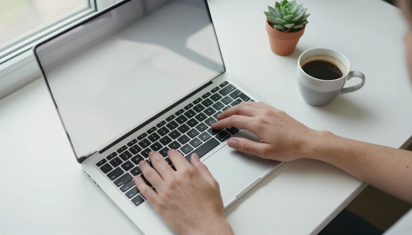 Overhead aerial view of hands typing on laptop with coffee Overhead aerial view of hands typing on laptop with coffee