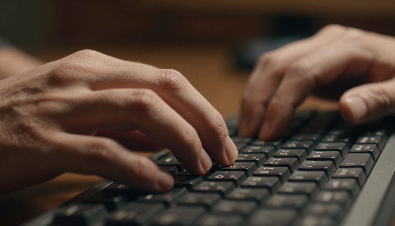Hands typing a detailed AI prompt on a mechanical keyboard with dramatic raking light Hands typing a detailed AI prompt on a mechanical keyboard with dramatic raking light