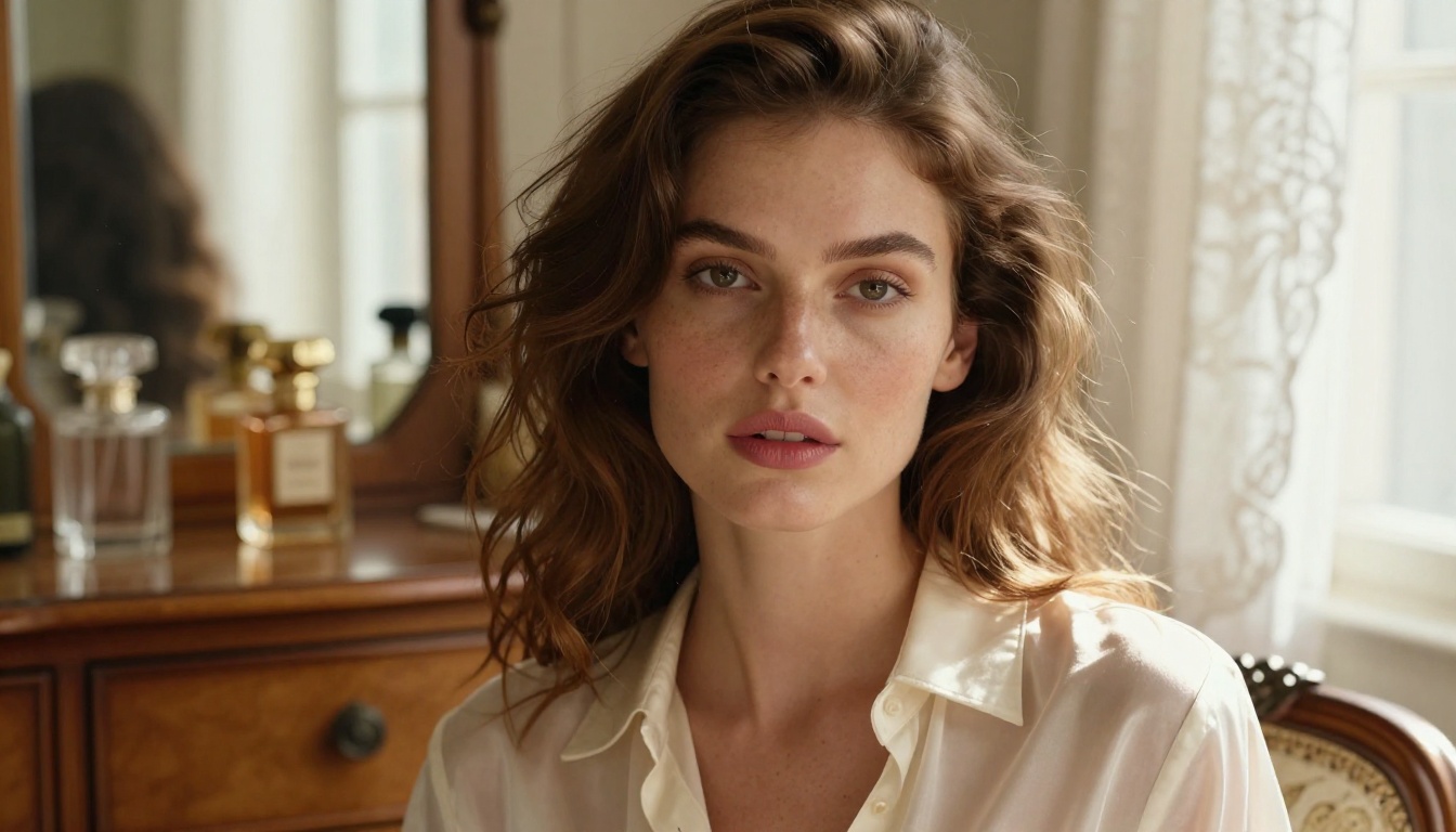 Close-up portrait of a woman in a sunlit Parisian apartment, natural beauty photography