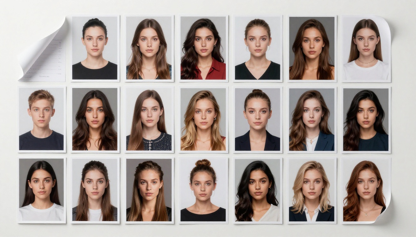 Overhead aerial flat-lay of twenty AI-generated portrait prints spread on a white light table Overhead aerial flat-lay of twenty AI-generated portrait prints spread on a white light table