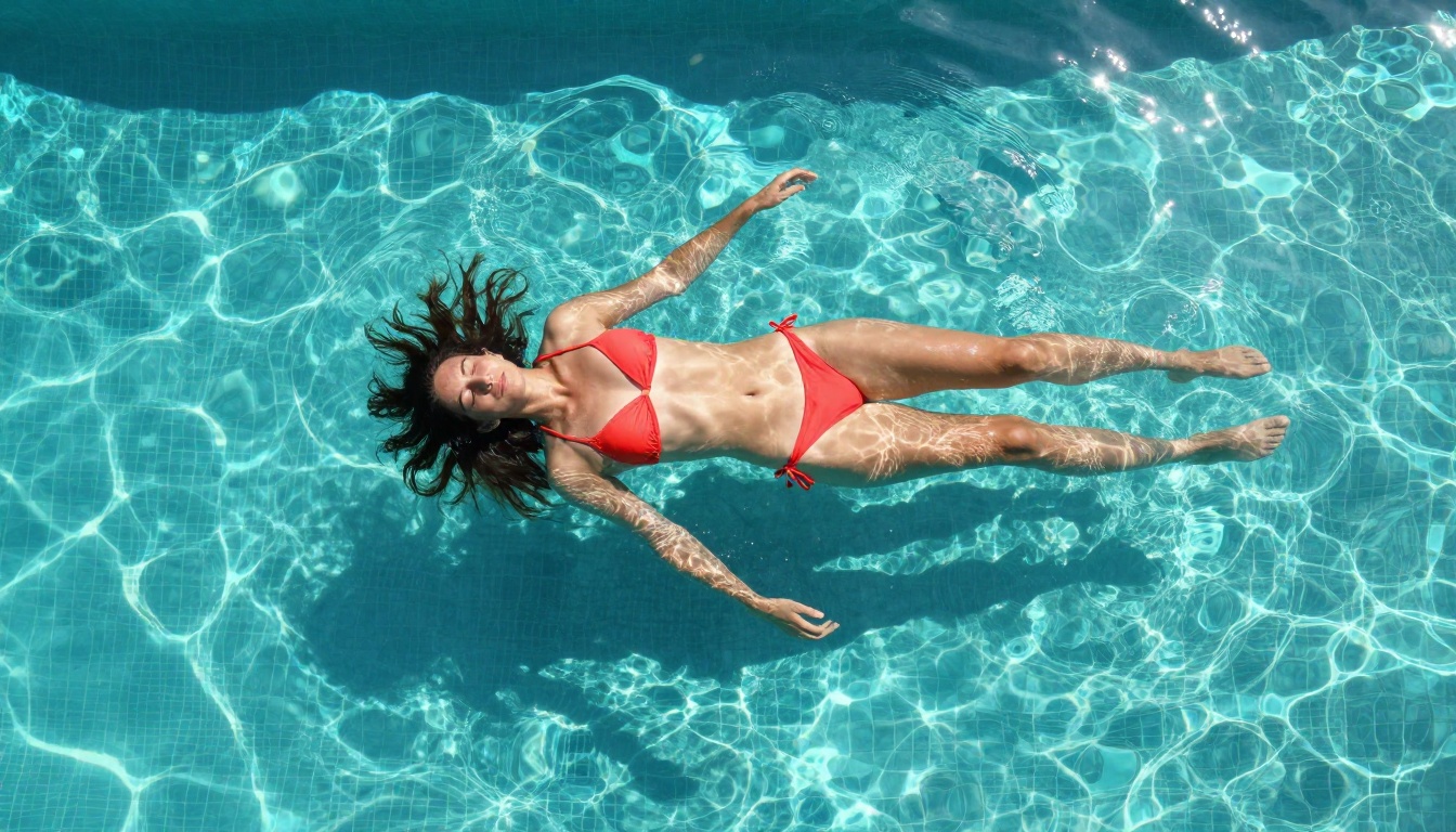Aerial overhead view of a woman floating in a turquoise tropical pool, mosaic tiles visible