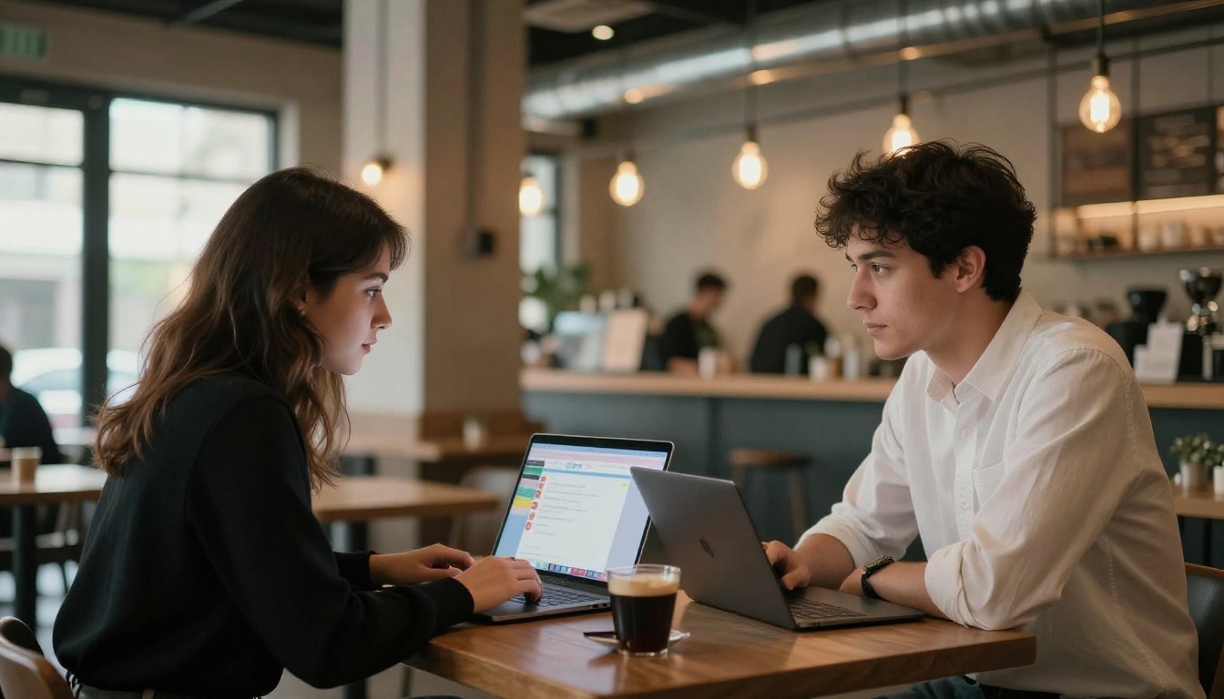 Two people at coffee shop with laptops, chat interface visible on screen Two people at coffee shop with laptops, chat interface visible on screen