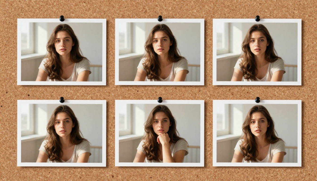Four printed photographs of the same young woman in different poses pinned on a cork board in warm afternoon light Four printed photographs of the same young woman in different poses pinned on a cork board in warm afternoon light