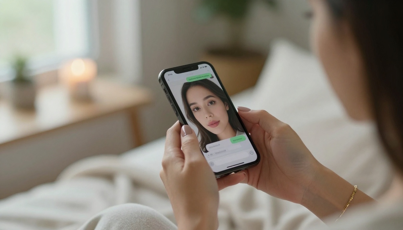 Close-up of woman's hands holding phone with chat conversation visible