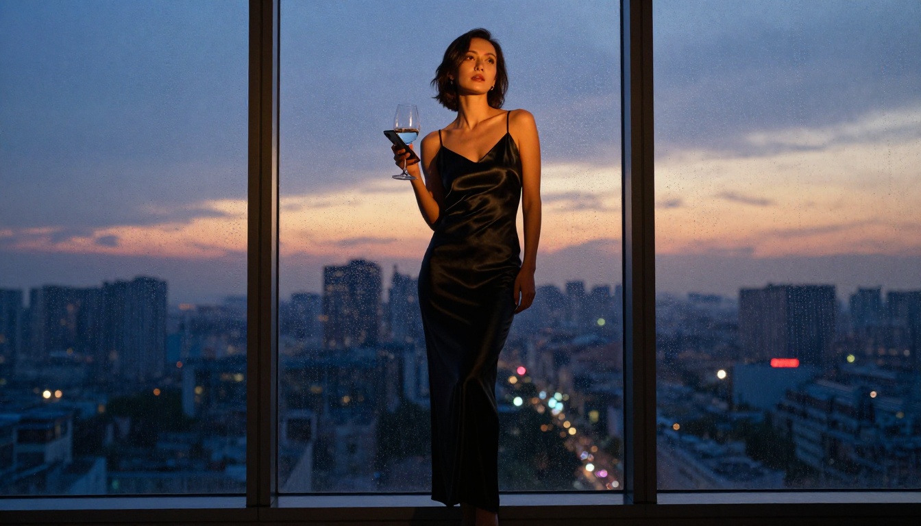Woman at floor-to-ceiling window at dusk, city lights below