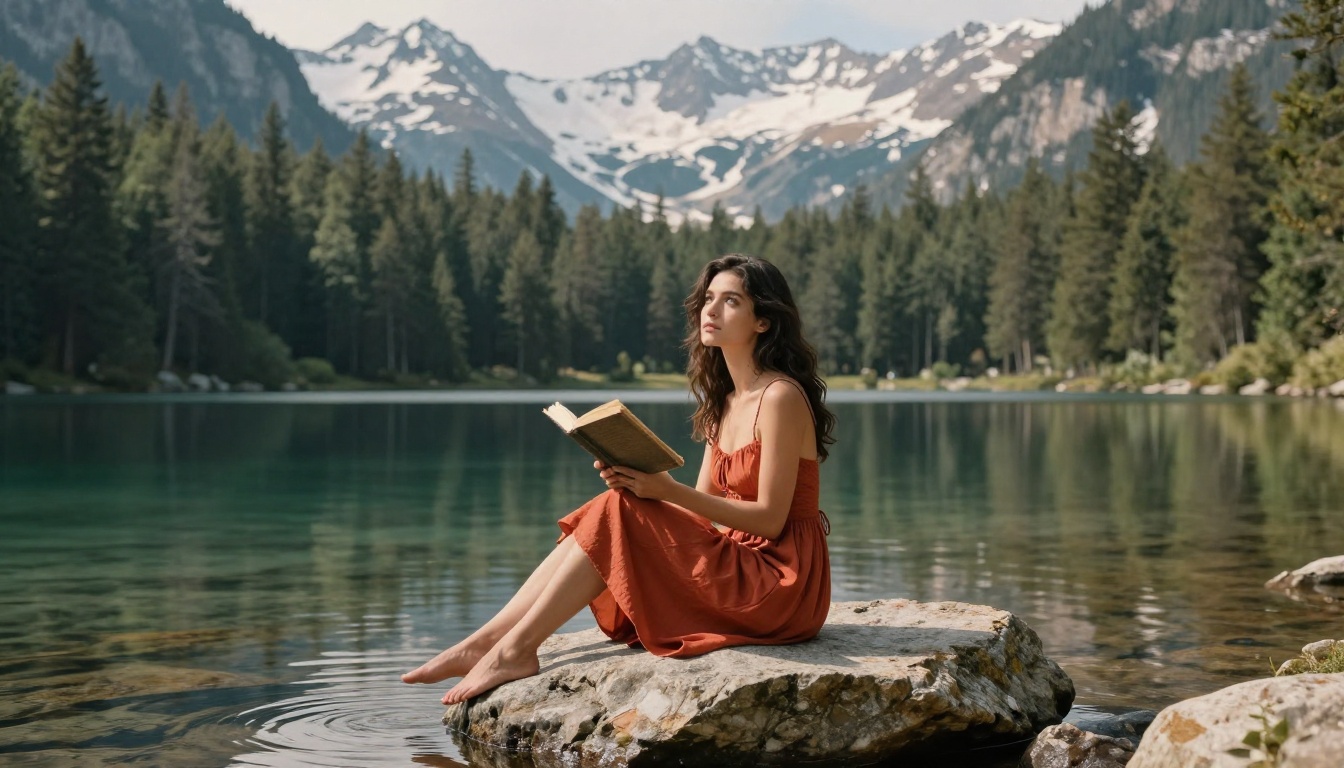 Woman at a serene alpine mountain lake, telephoto portrait photography