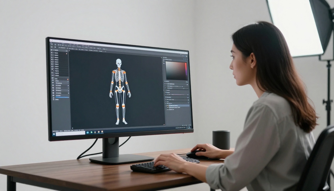 Graphic designer at desk with monitor showing skeleton pose overlay on a human figure, softbox studio lighting Graphic designer at desk with monitor showing skeleton pose overlay on a human figure, softbox studio lighting