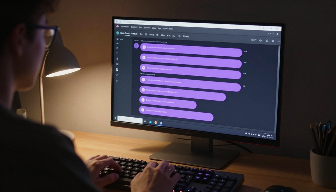 Person typing on keyboard at night, dark-mode chat visible on monitor