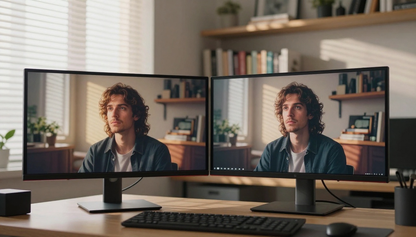 Low angle view of dual curved ultrawide monitors showing two different AI portrait styles, morning light through blinds