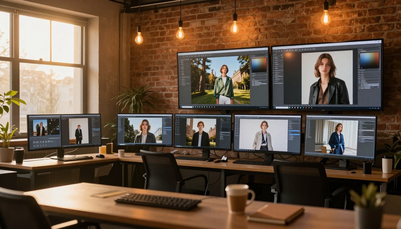 Wide shot of a creative agency workspace with four monitors in semicircle showing different AI-generated images, warm Edison bulb light