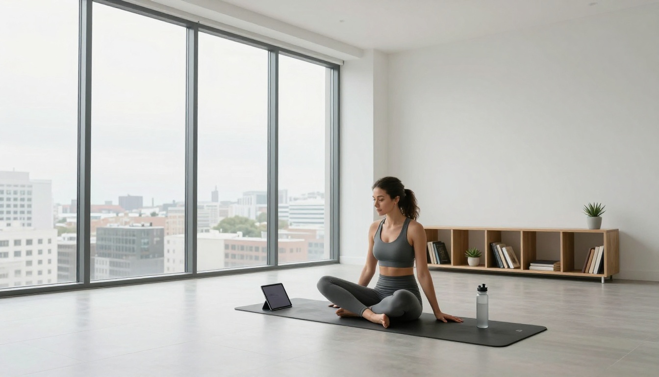 Woman in modern studio apartment on yoga mat, looking at tablet