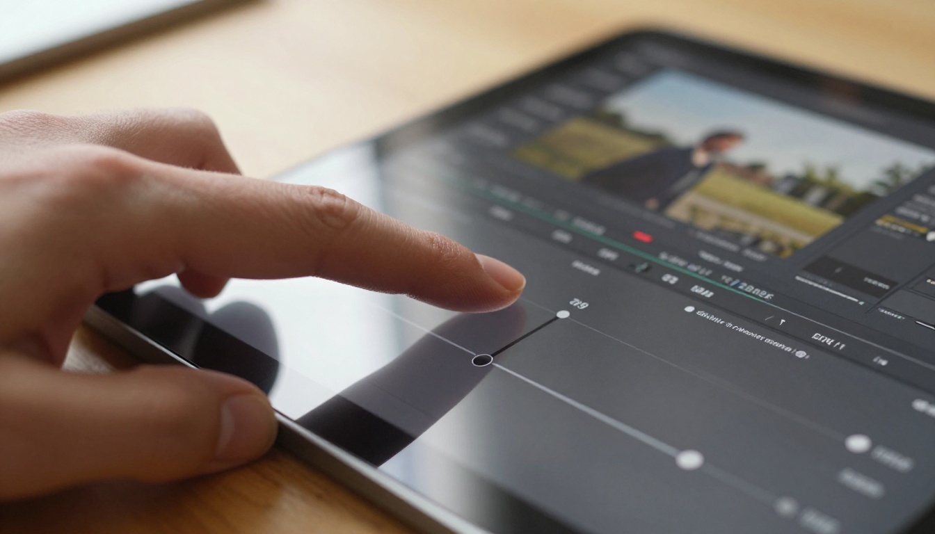 Close-up of a finger hovering over an upscale resolution slider on a tablet photo editing interface, warm natural window light