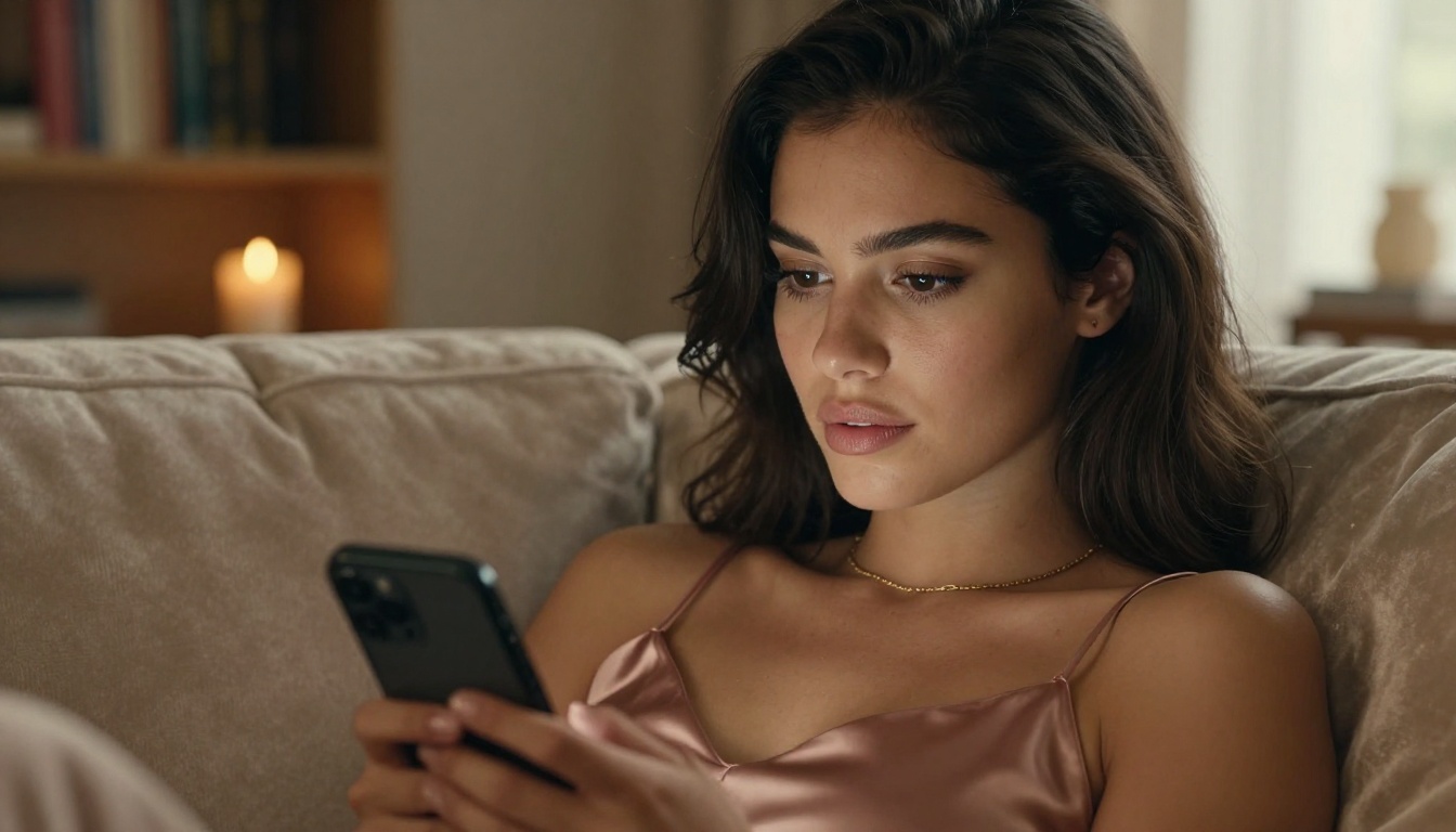 Beautiful woman gazing at her phone with a captivated expression in a warmly lit apartment Beautiful woman gazing at her phone with a captivated expression in a warmly lit apartment