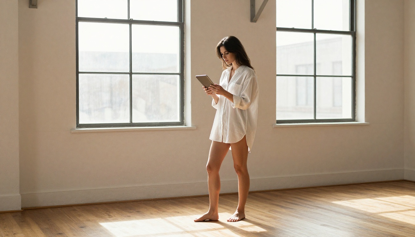 Elegant woman in a sunlit loft scrolling through a tablet Elegant woman in a sunlit loft scrolling through a tablet