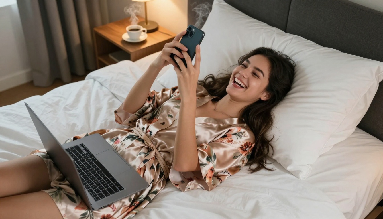 Woman lying on a white bed, laughing genuinely at her phone screen Woman lying on a white bed, laughing genuinely at her phone screen