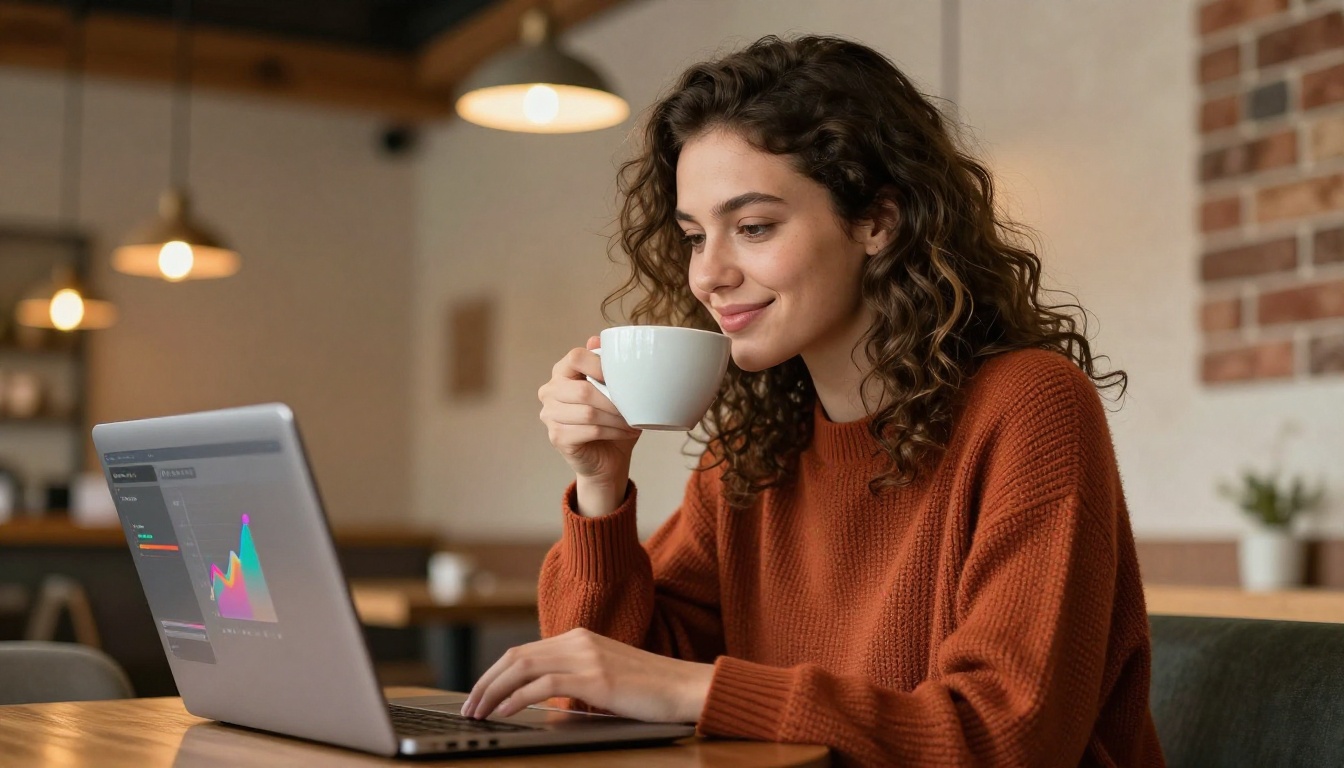 Creator checking AI video results in cafe Creator checking AI video results in cafe