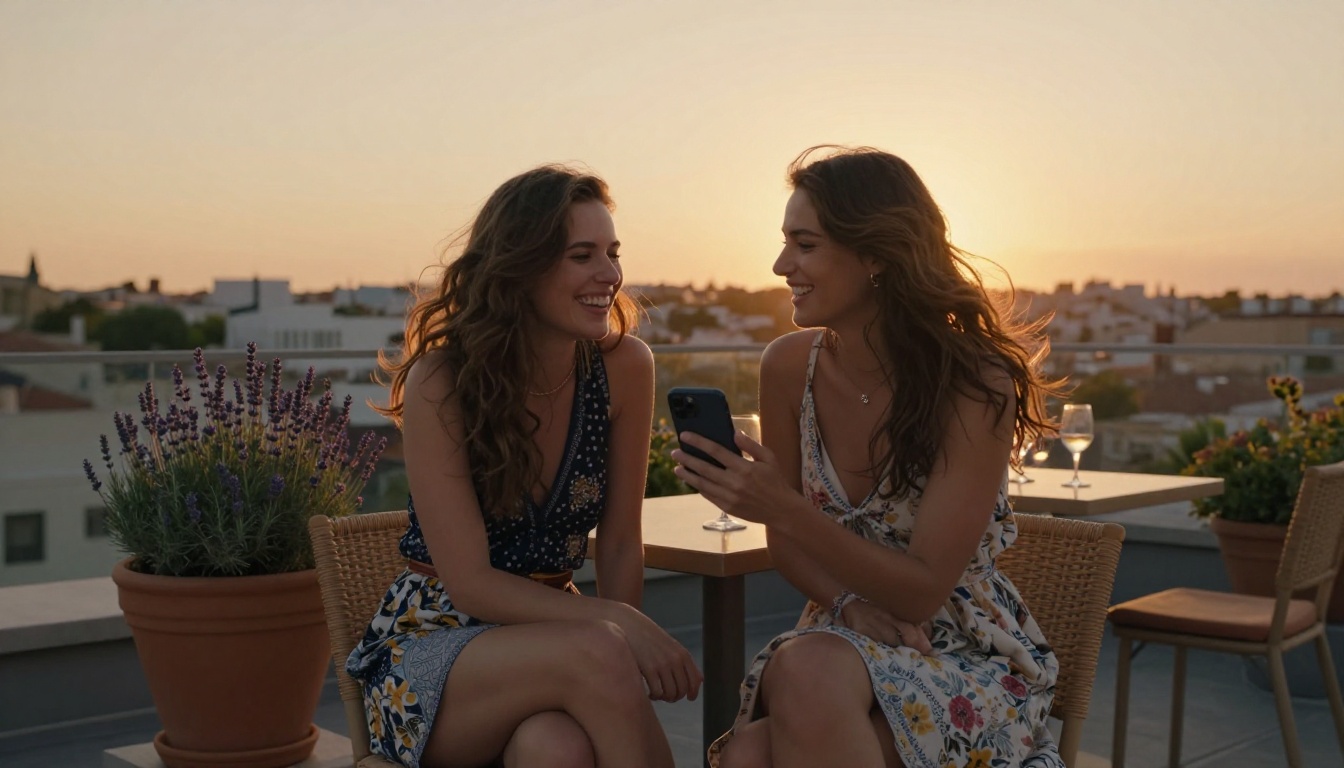 Two beautiful women sharing a phone screen on a rooftop terrace at sunset Two beautiful women sharing a phone screen on a rooftop terrace at sunset