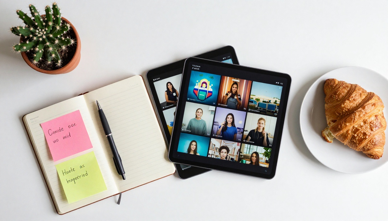 Flat lay AI video creative workspace Flat lay AI video creative workspace