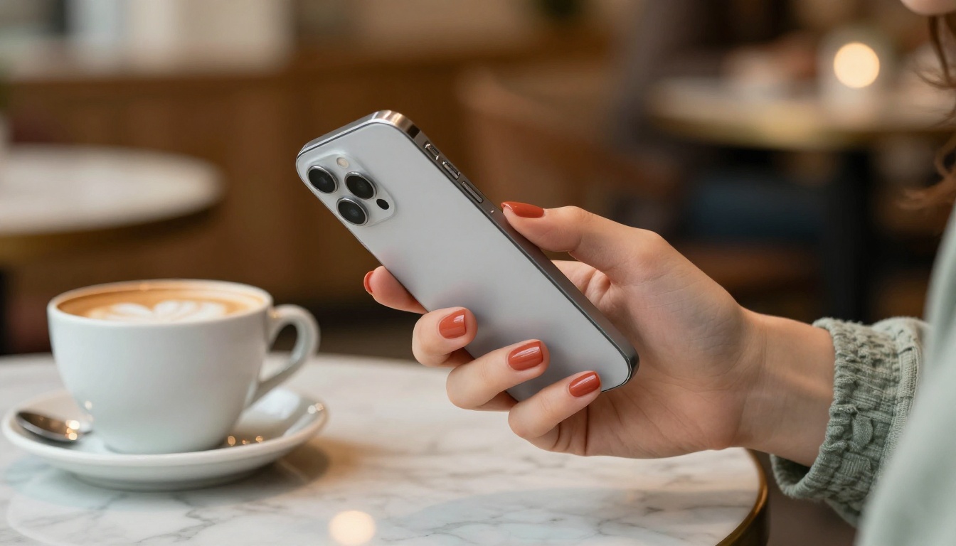 Woman's hands holding a smartphone at a marble cafe table Woman's hands holding a smartphone at a marble cafe table