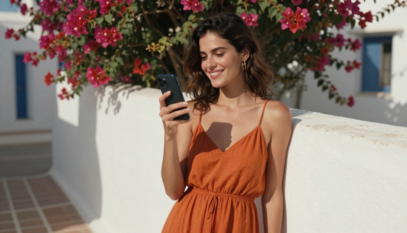 Beautiful woman leaning against a sun-drenched Mediterranean wall, smiling at her phone Beautiful woman leaning against a sun-drenched Mediterranean wall, smiling at her phone