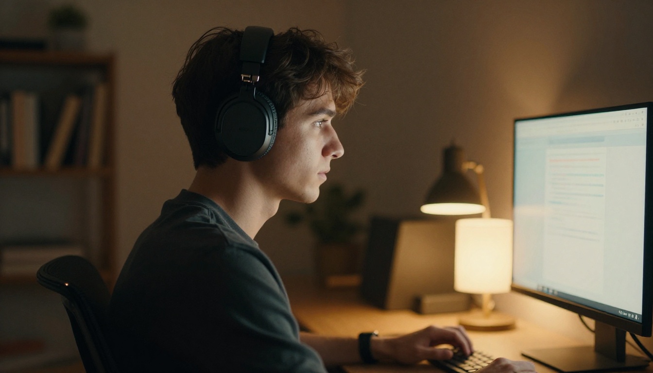 Man with headphones focusing on AI video creation Man with headphones focusing on AI video creation