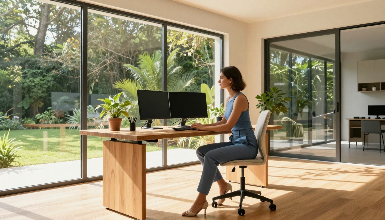 Woman at a standing desk in a bright, airy modern home office Woman at a standing desk in a bright, airy modern home office