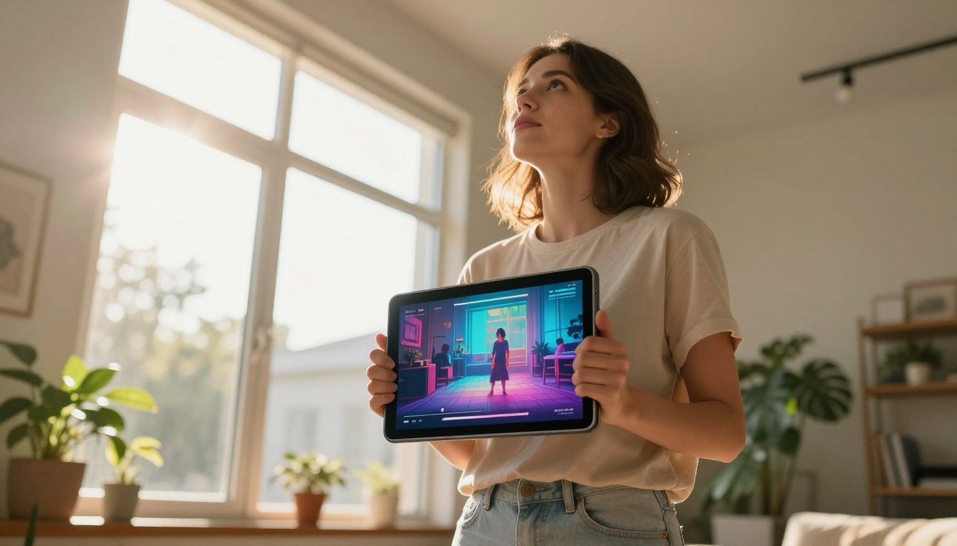 Woman holding tablet with AI video preview Woman holding tablet with AI video preview